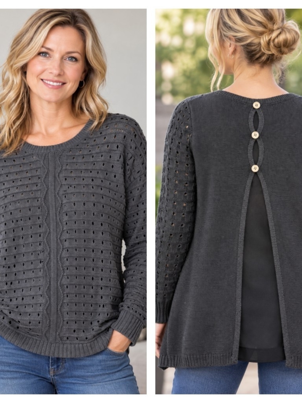 NWOT Slate Gray/Charcoal Cleo - Button Back-Eyelet Light Knit Sweater -Ladies L